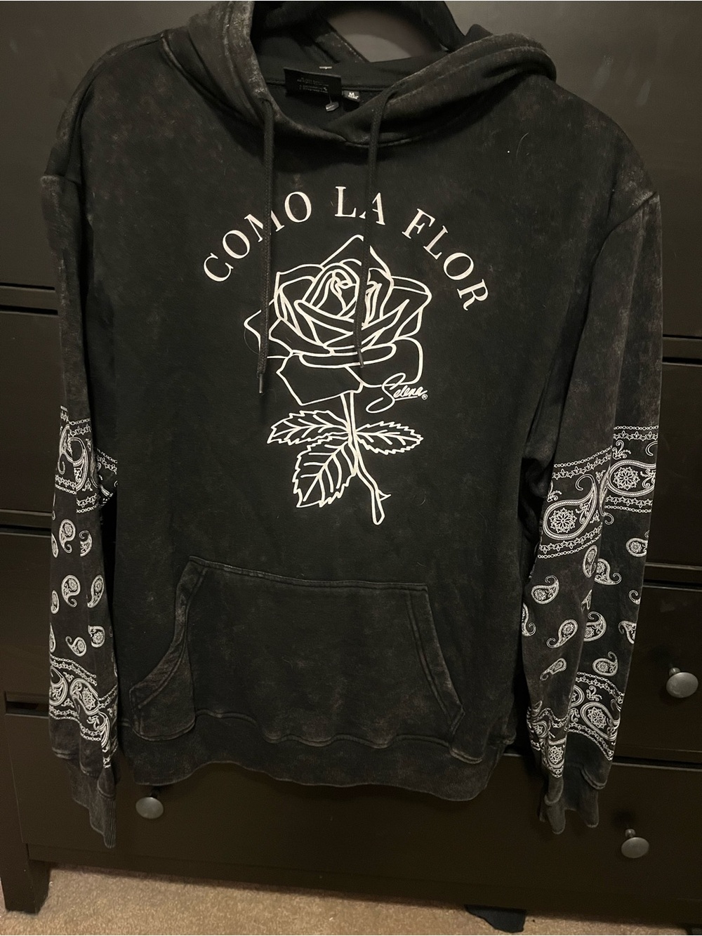 Como La Flor Black Rose Graphic Hoodie with Bandana-Print Sleeves